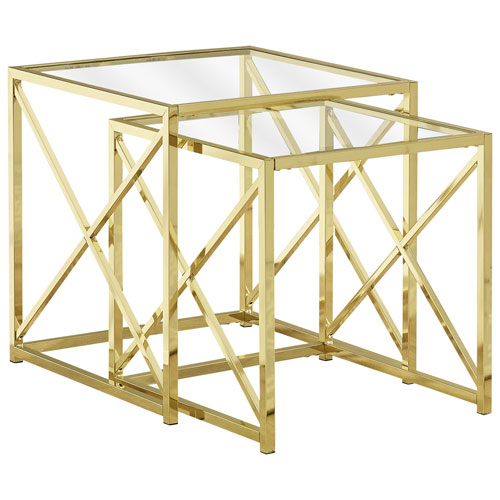 Monarch X-Leg Modern 2-Piece Nesting Table Set - Glass/Gold