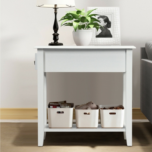 Gymax 2 Tier End Bedside Sofa Side Table Narrow Nightstand w/Drawer &Shelf White