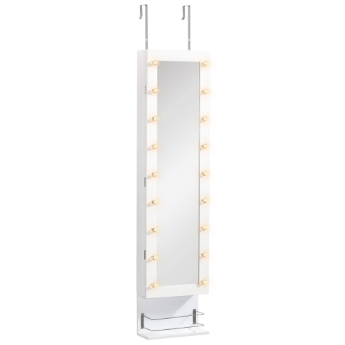 HOMCOM – Armoire à bijoux murale avec 18 ampoules à DEL, rangement pour miroirs sur porte avec tablettes de rangement, tiroir, blanc