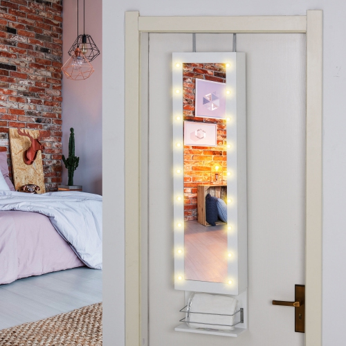 Armoire à bijoux avec miroir de HOMCOM, range-bijoux avec 18 lumières LED, armoire murale et sur porte avec 3 hauteurs montables, tiroir et tablette