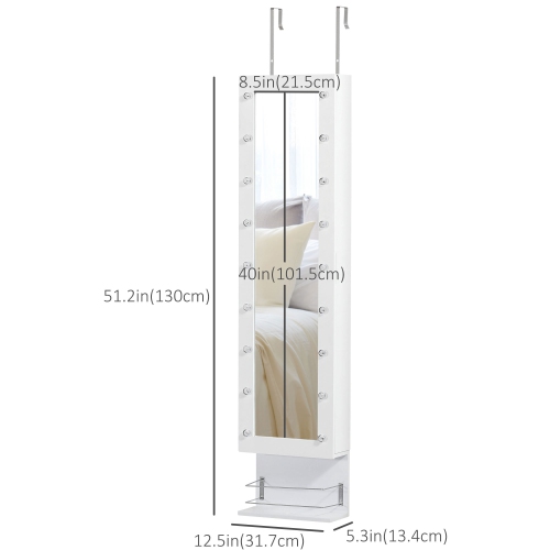 Armoire à bijoux avec miroir de HOMCOM, range-bijoux avec 18 lumières LED, armoire murale et sur porte avec 3 hauteurs montables, tiroir et tablette