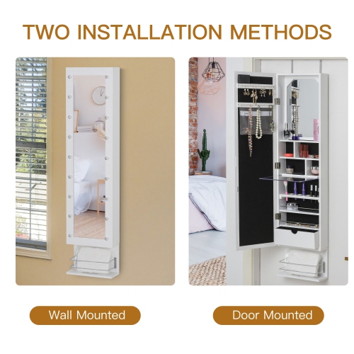 Armoire à bijoux avec miroir de HOMCOM, range-bijoux avec 18 lumières LED, armoire murale et sur porte avec 3 hauteurs montables, tiroir et tablette