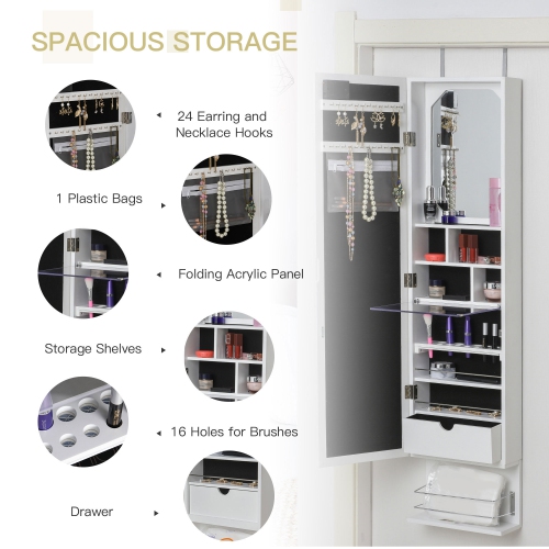 Armoire à bijoux avec miroir de HOMCOM, range-bijoux avec 18 lumières LED, armoire murale et sur porte avec 3 hauteurs montables, tiroir et tablette