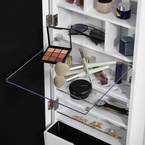 Armoire à bijoux avec miroir de HOMCOM, range-bijoux avec 18 lumières LED, armoire murale et sur porte avec 3 hauteurs montables, tiroir et tablette