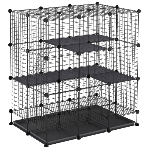 PawHut Pet Playpen 3-Storey DIY Small Animal Cage Portable Metal Wire Cage for Bunny & Chinchilla W/ 6 movable Trays,Ramps,Black