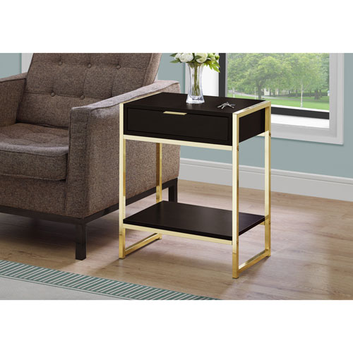 Monarch Modern Rectangular End Table with Drawer & Shelf - Cappuccino/Gold