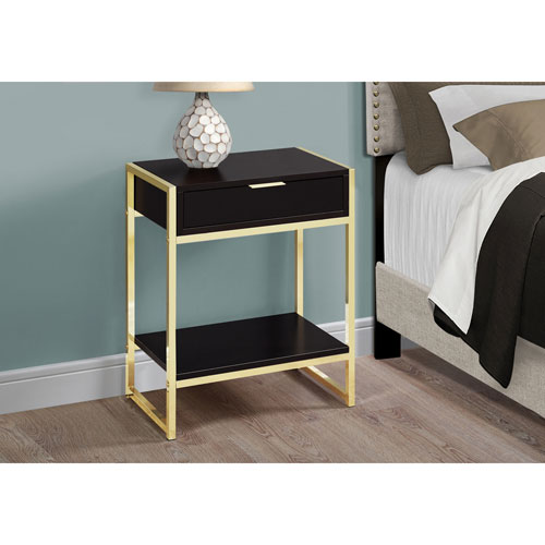 Monarch Modern Rectangular End Table with Drawer & Shelf - Cappuccino/Gold