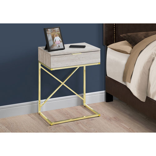 Monarch Modern Rectangular Accent End Table with Storage - Beige/Gold