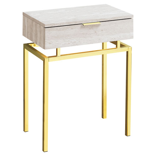Monarch Modern Rectangular End Table with Drawer - Beige/Gold