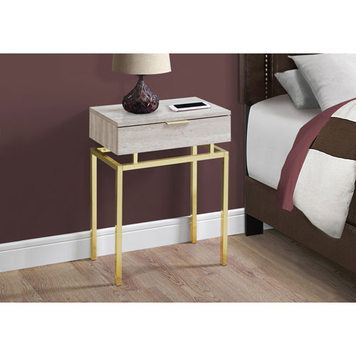 Monarch Modern Rectangular End Table with Drawer - Beige/Gold