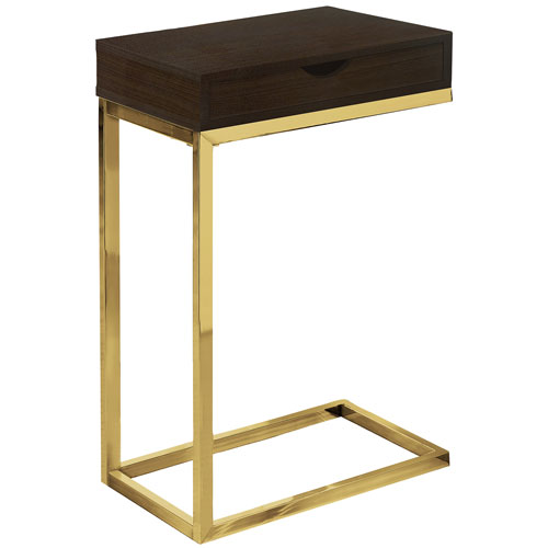 Monarch Modern Rectangular C-Shape End Table With Drawer - Cappuccino/Gold