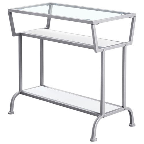 Monarch Modern Rectangular End Table With Tempered Glass Top and 2 Shelves - White