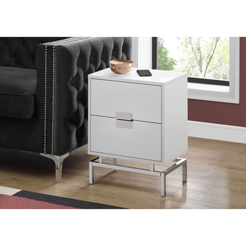 Monarch Modern Rectangular End Table With Drawers - White/Chrome