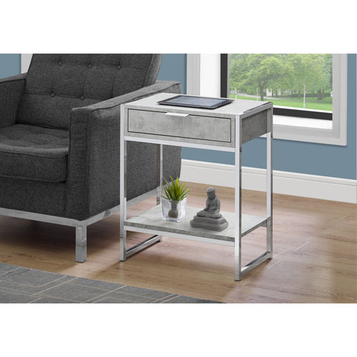 Monarch Modern Rectangular End Table With Drawer and Shelf - Cement Grey/Chrome