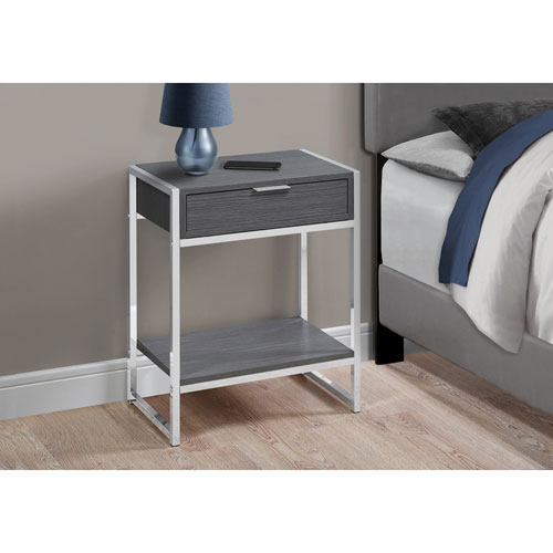 Monarch Modern Rectangular End Table With Drawer and Shelf - Grey/Chrome