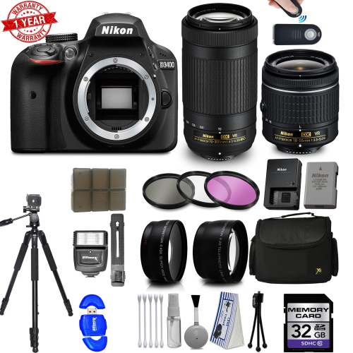 NIKON  D3400 Dslr Camera With Vr 18-55MM And 70-300MM Af-P Nikkor Lenses (Black) + 32GB 15PC Accessory Bundle Kit - Us Version W/ Seller Warranty