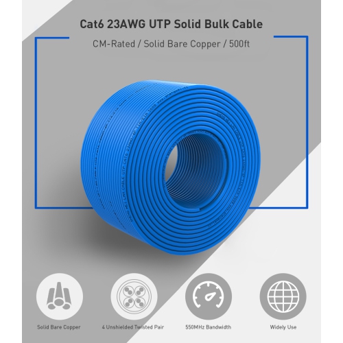 Cat6 23AWG UTP Solid Bulk Cable CM-Rated 500ft - Blue