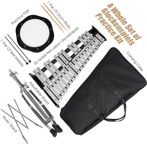 Costway 30 Notes Percussion Glockenspiel Bell Kit with Practice Pad Mallets Sticks Stand