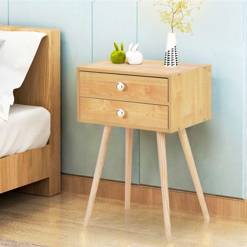 Costway Mid Century Modern 2 Drawers Nightstand In Natural Sofa Side Table End Table