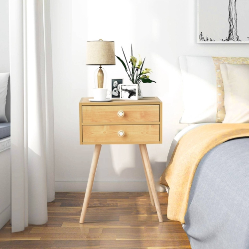 Costway Mid Century Modern 2 Drawers Nightstand In Natural Sofa Side Table End Table