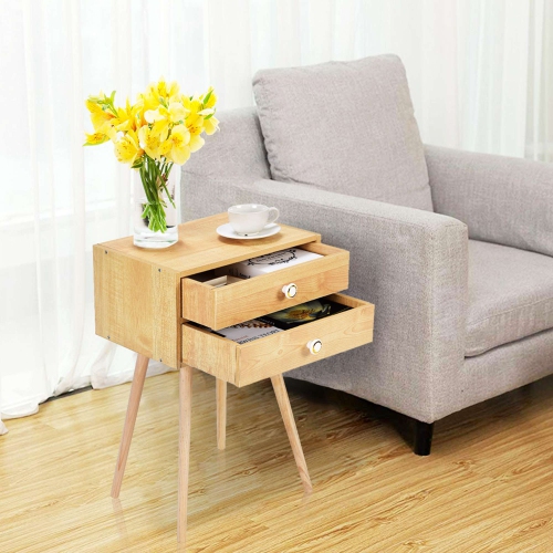 Costway Mid Century Modern 2 Drawers Nightstand In Natural Sofa Side Table End Table