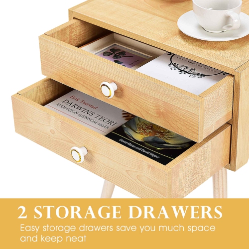 Costway Mid Century Modern 2 Drawers Nightstand In Natural Sofa Side Table End Table