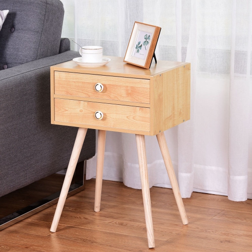 Costway Mid Century Modern 2 Drawers Nightstand In Natural Sofa Side Table End Table