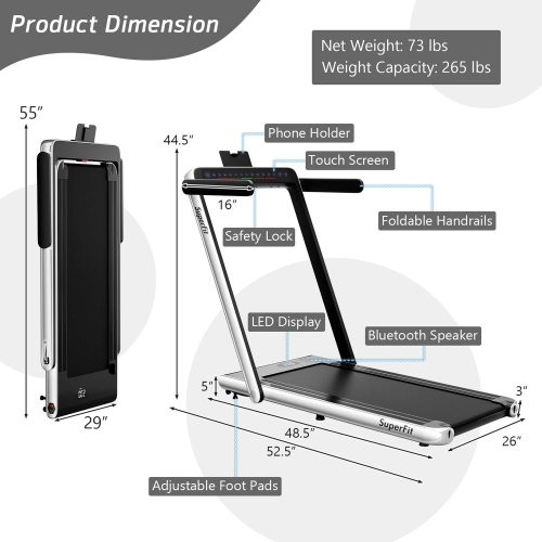 Tapis de course pliable 2 en 1SuperFit – Moteur 2,25 CV – Double écran – Haut-parleur