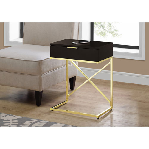 Monarch Modern Rectangular Accent End Table with Storage - Cappuccino/Gold