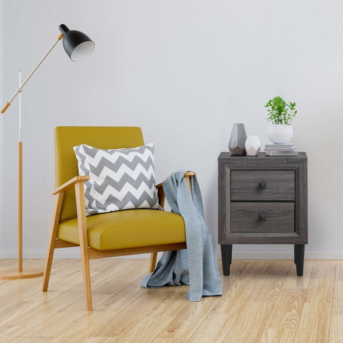 Costway Nightstand W/2 Drawers Multipurpose Retro Grey Bedside Table Fully Assembled