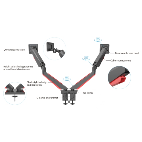 SHOPPINGALL Fully Adjustable Premium Dual Gas Spring LCD Gaming Monitor Desk Mount Arm Stand with Red LED Backlights for 15”-32” Monitors‌ - SA-GE44
