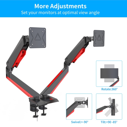 SHOPPINGALL Fully Adjustable Premium Dual Gas Spring LCD Gaming Monitor Desk Mount Arm Stand with Red LED Backlights for 15”-32” Monitors‌ - SA-GE44