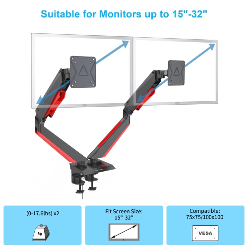 SHOPPINGALL Fully Adjustable Premium Dual Gas Spring LCD Gaming Monitor Desk Mount Arm Stand with Red LED Backlights for 15”-32” Monitors‌ - SA-GE44