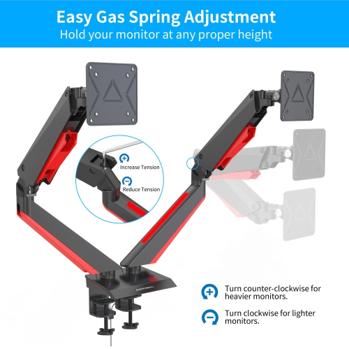 SHOPPINGALL Fully Adjustable Premium Dual Gas Spring LCD Gaming Monitor Desk Mount Arm Stand with Red LED Backlights for 15”-32” Monitors‌ - SA-GE44