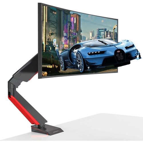 SHOPPINGALL Fully Adjustable Premium Single Gas Spring LCD Gaming Monitor Arm Desk Mount Stand with Red LED Backlights for 15”-32” Display Screens -