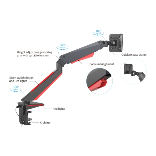 SHOPPINGALL Fully Adjustable Premium Single Gas Spring LCD Gaming Monitor Arm Desk Mount Stand with Red LED Backlights for 15”-32” Display Screens -