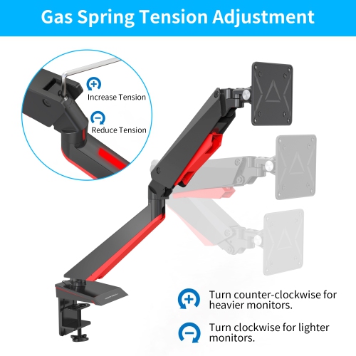 SHOPPINGALL Fully Adjustable Premium Single Gas Spring LCD Gaming Monitor Arm Desk Mount Stand with Red LED Backlights for 15”-32” Display Screens -