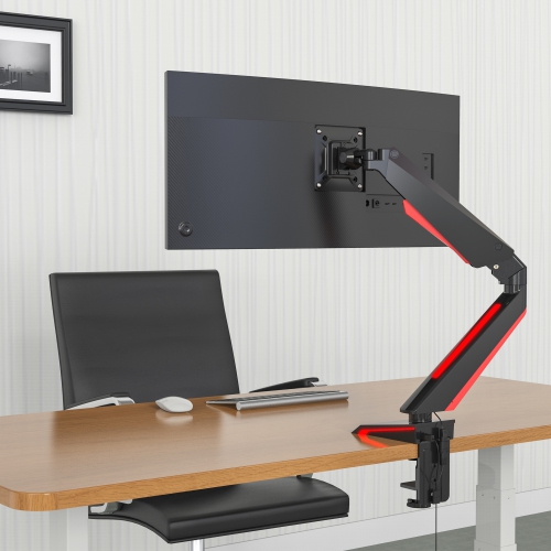 SHOPPINGALL Fully Adjustable Premium Single Gas Spring LCD Gaming Monitor Arm Desk Mount Stand with Red LED Backlights for 15”-32” Display Screens -