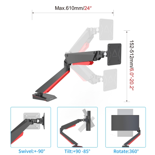 SHOPPINGALL Fully Adjustable Premium Single Gas Spring LCD Gaming Monitor Arm Desk Mount Stand with Red LED Backlights for 15”-32” Display Screens -