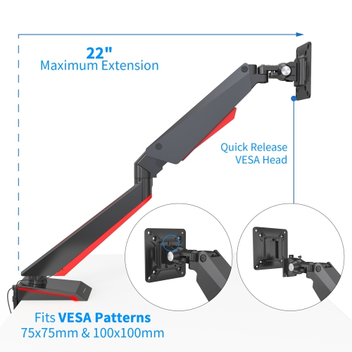 SHOPPINGALL Fully Adjustable Premium Single Gas Spring LCD Gaming Monitor Arm Desk Mount Stand with Red LED Backlights for 15”-32” Display Screens -