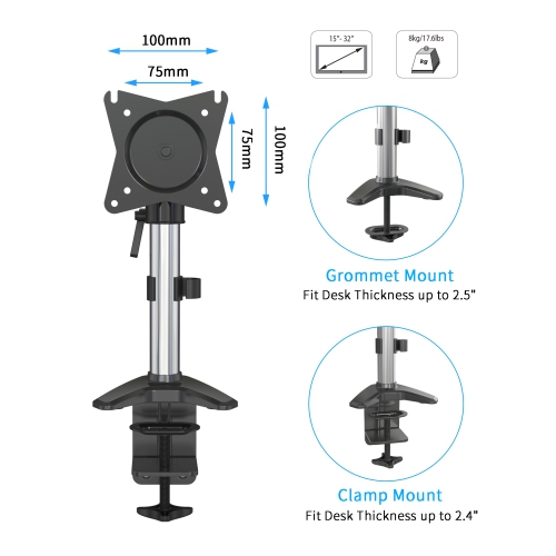 SHOPPINGALL Vertical LCD Monitor Arm Desk Mount/Stand Arm for Monitor up to 32", Both Desk Clamp and Grommet Mounting Options in The Box SA-AE10
