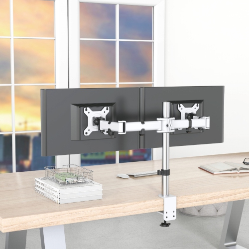 SHOPPINGALL Dual LCD LED Monitor Desk Mount Stand with C-clamp and Grommet Mounting Options | Heavy Duty Fully Adjustable Arms Hold 2 Screens up to