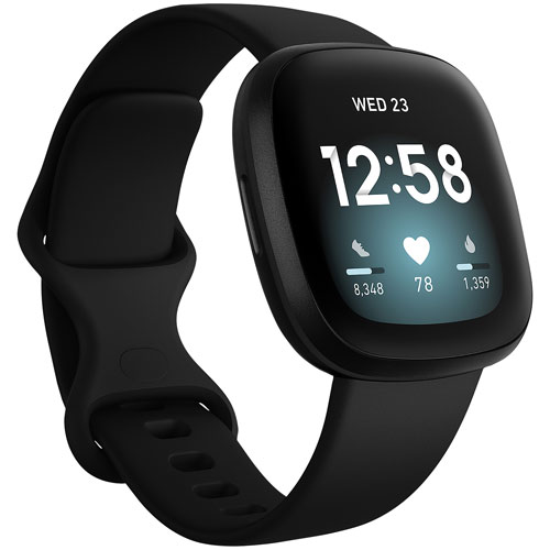 Montre intelligente Versa 3 Fitbit avec assistant vocal, GPS, moniteur fréq. cardiaque 24/7 - Noir