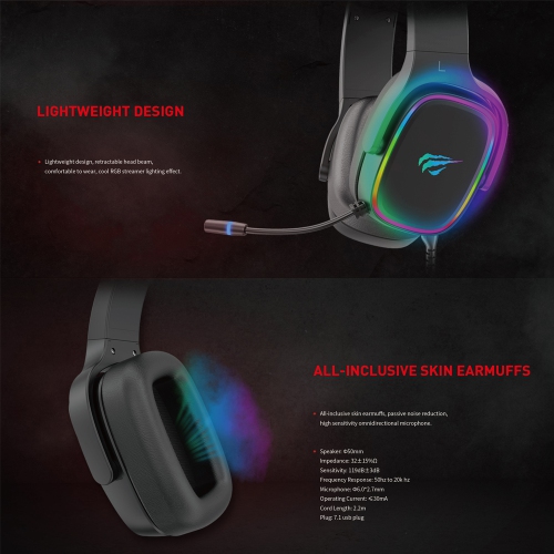 Havit H2029U USB7.1 super 50MM unit speaker, 3D surround stereo sound, LED lighting professional gaming headset_Black