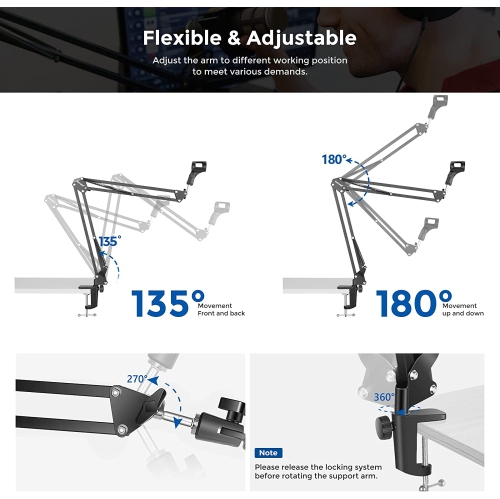 Microphone Arm Stand, Suspension Boom Scissor Mic Arm Stand with 3/8” to 5/8” Screw and Cable Ties Compatible with Blue Yeti, Snowball, Yeti X,