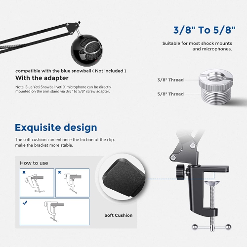 Microphone Arm Stand, Suspension Boom Scissor Mic Arm Stand with 3/8” to 5/8” Screw and Cable Ties Compatible with Blue Yeti, Snowball, Yeti X,