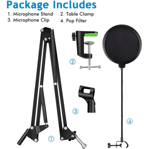Support de microphone professionnel avec pied à ciseaux et écran anti-vent pour masque anti-vent et microphone à suspension de microphone robuste Pop