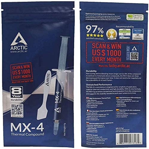 Arctic MX-4 Thermal Conductivity: .8.5W/m-k Thermal Compound Paste - Heatsink Paste 4 Grams.