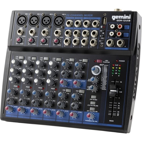 GEMINI  Gem-12USB Compact 12 Channel Bluetooth Audio Mixer With USB - 12 Ins, 2 Bus, 3 Band Eq