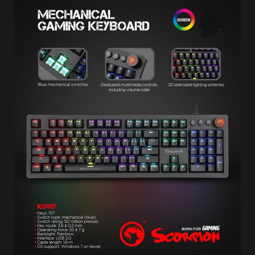 MARVO KG917 Mechanical 107-key, LED Rainbow Backlight Wired Gaming Keyboard_Black